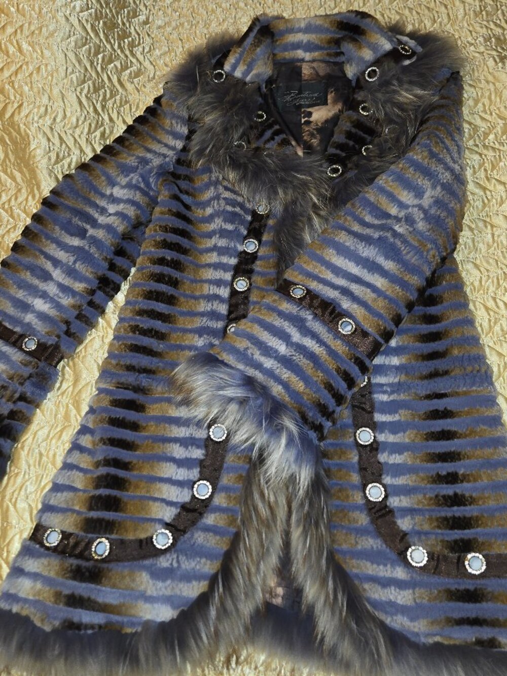 Genuine Fur Coat - blue with brown stripes